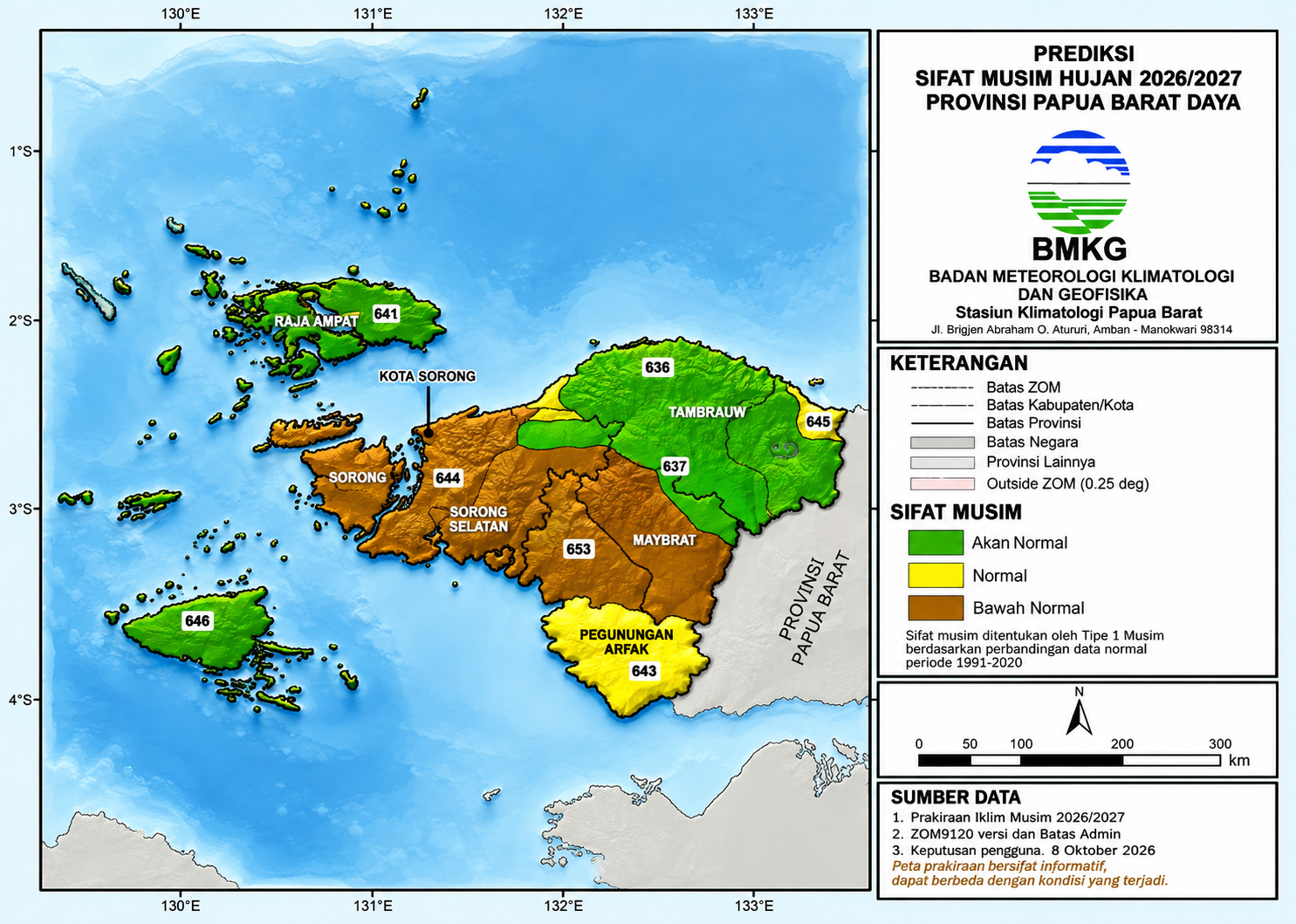Peta Prediksi Sifat Musim Hujan 2026-2027 di Prov. Papua Barat Daya